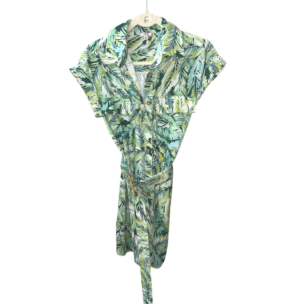 Fate byLFD Tropical Palm Leaf Print Cotton Linen Belted Mini Shirt Dress Green S